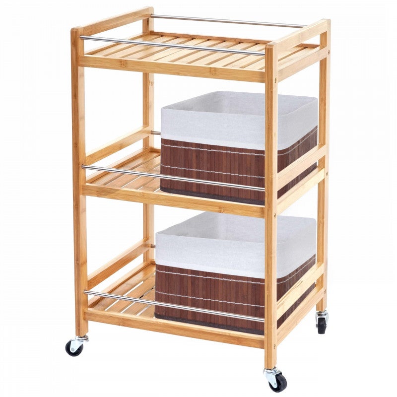 Wózek HWC-D91, uniwersalny wózek, 3 poziomy z 2x koszem do przechowywania HWC-C21 bambusowy brązowy