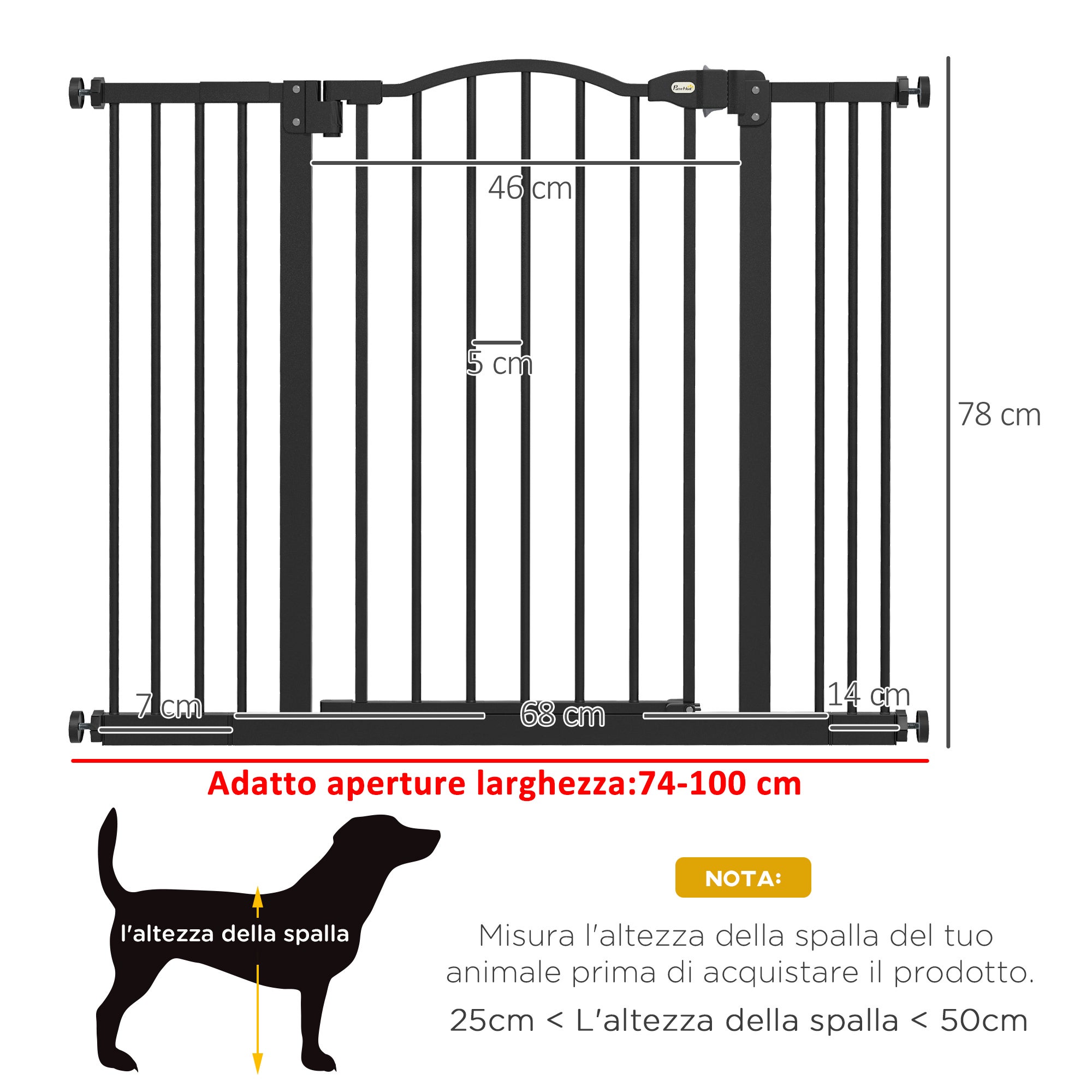PawHut Cancelletto per Cani Estensibile con 4 Viti Regolabili, in Metallo e Plastica, 74-100x78 cm, Nero - 3