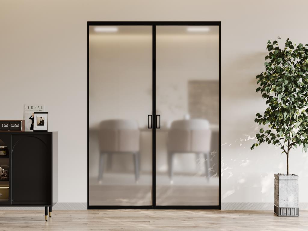 Drzwi przesuwne podwójne chowane w ścianie - aluminium i matowe szkło hartowane - 2 x wys. 205 x szer. 93 cm - LINCI II