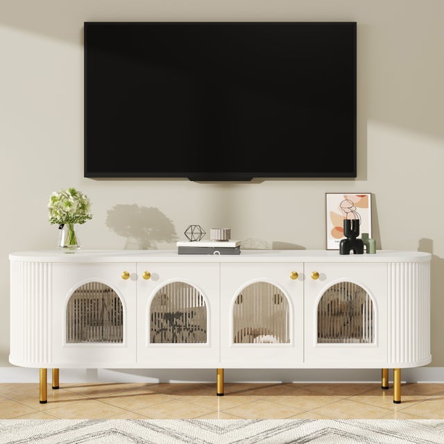 Szafka RTV z 4 drzwiami - 170 x 35 x 55 cm - diody LED - MDF i nogi metalowe w kolorze złotym - biała