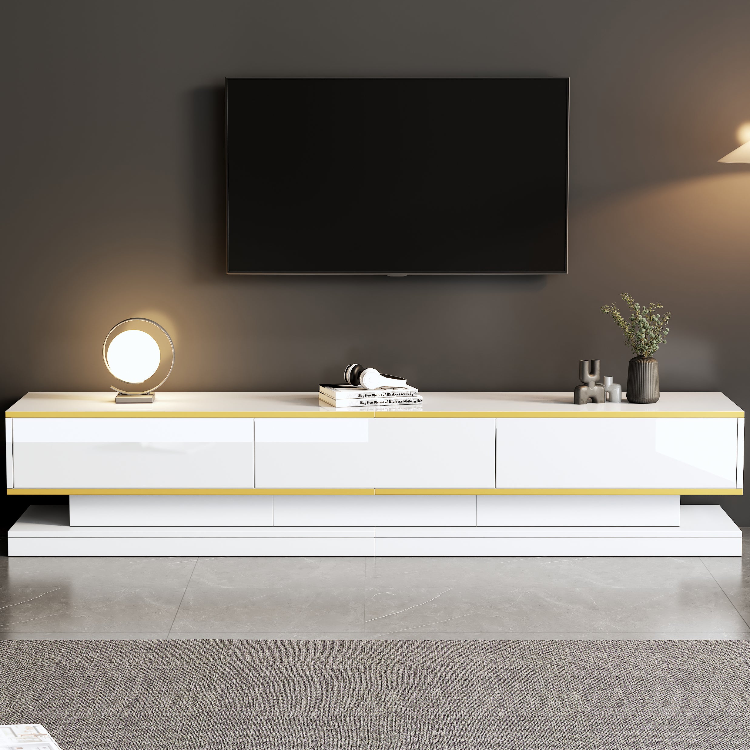 Błyszcząca szafa pod TV 200x40x40 cm - 3 szuflady - Płyta wiórowa - Biała