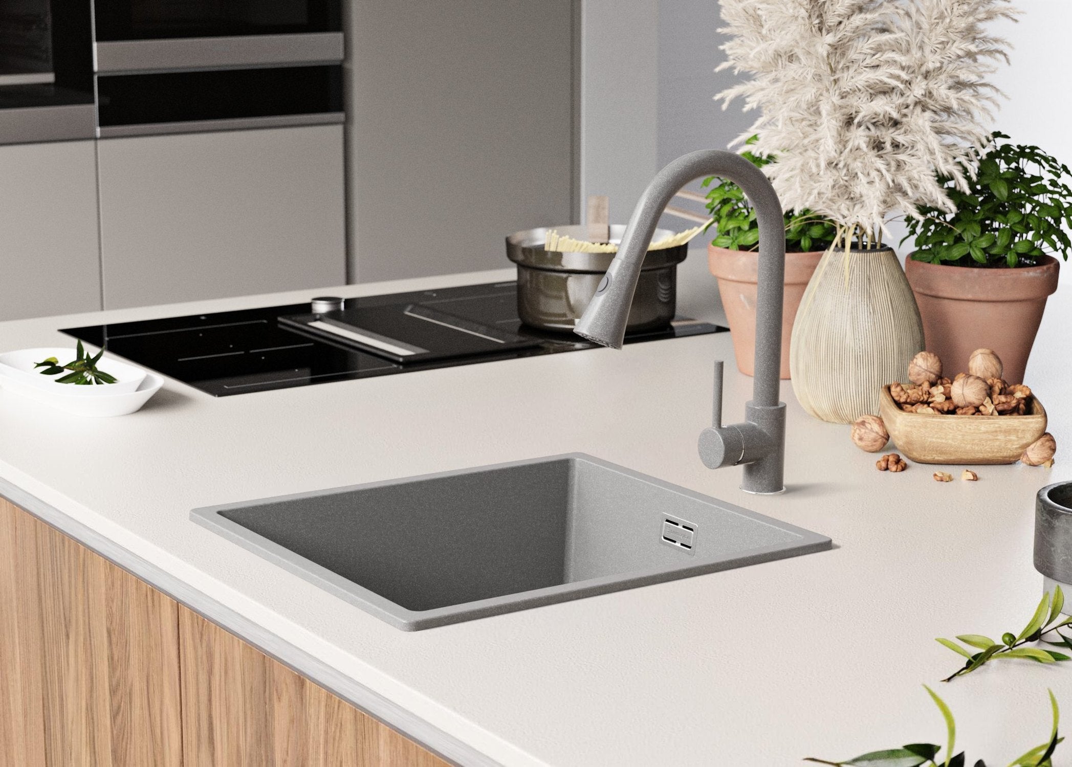 Evier Cuisine en Granit Gris 41x47cm, Lavabo 1 bac + Kit de Vidage, Évier à Encastrer au meuble 45cm - London Slim PRIMAGRAN - 8