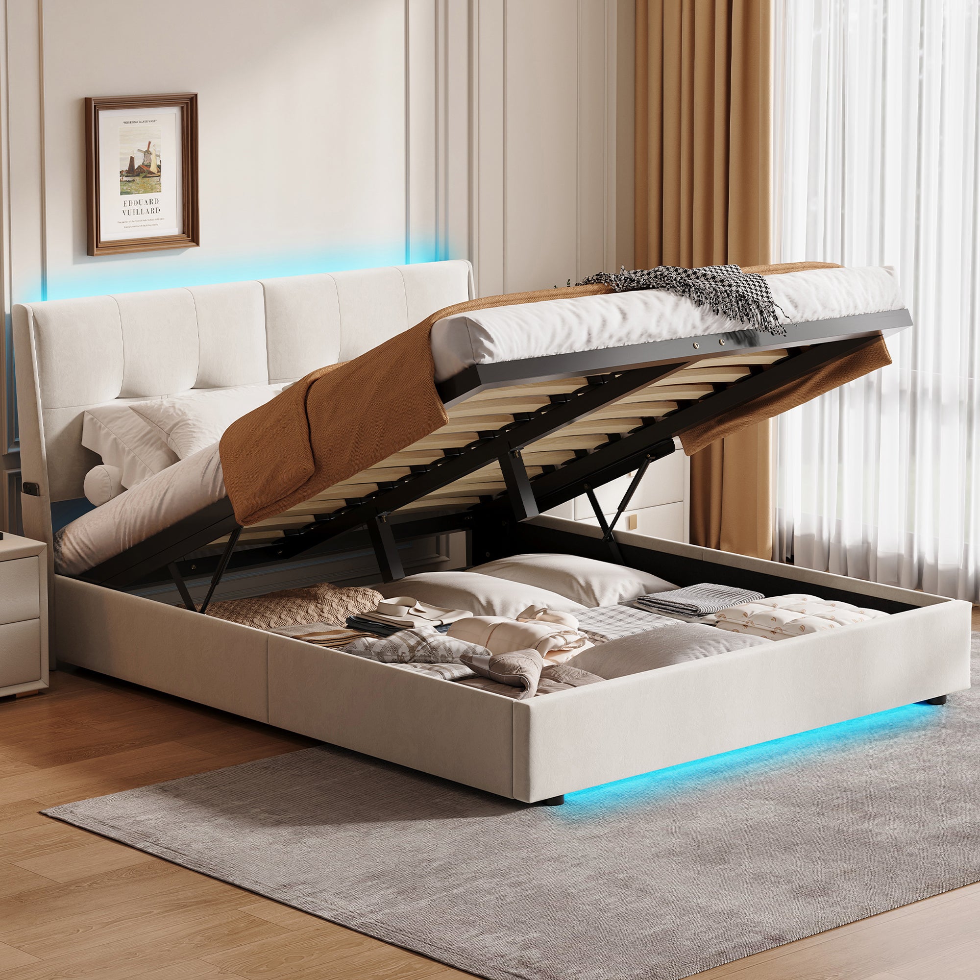 Lit Coffre 160x200 avec Rangement et LED–Cadre de Lit Hydraulique Rembourré en Velours– Lit Double avec Sommier–Adulte/Ado–Beige - 2