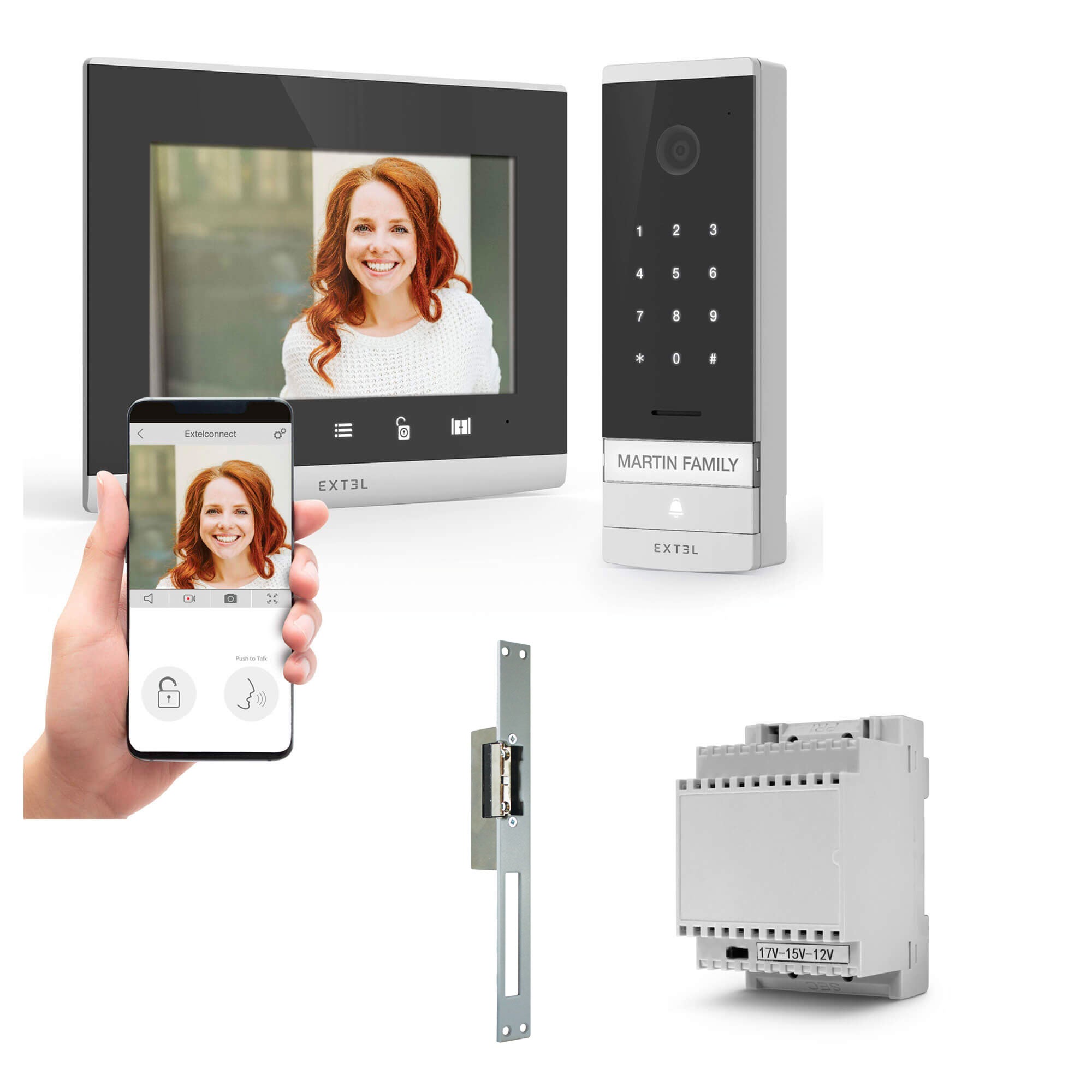 Kit videoportero con cable extel code connect con código digital integrado, transformador rail din y cerradera eléctrica.
