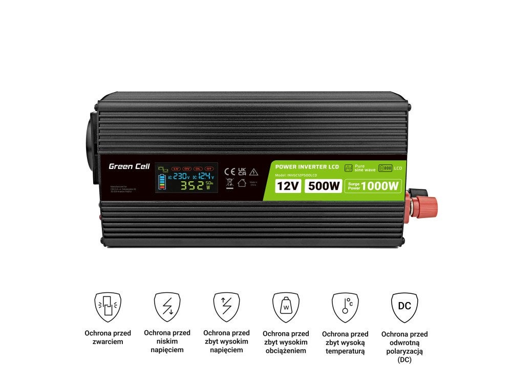 Green Cell PowerInverter LCD 12V 500W/10000W inverter per auto con display - onda sinusoidale pura - 6