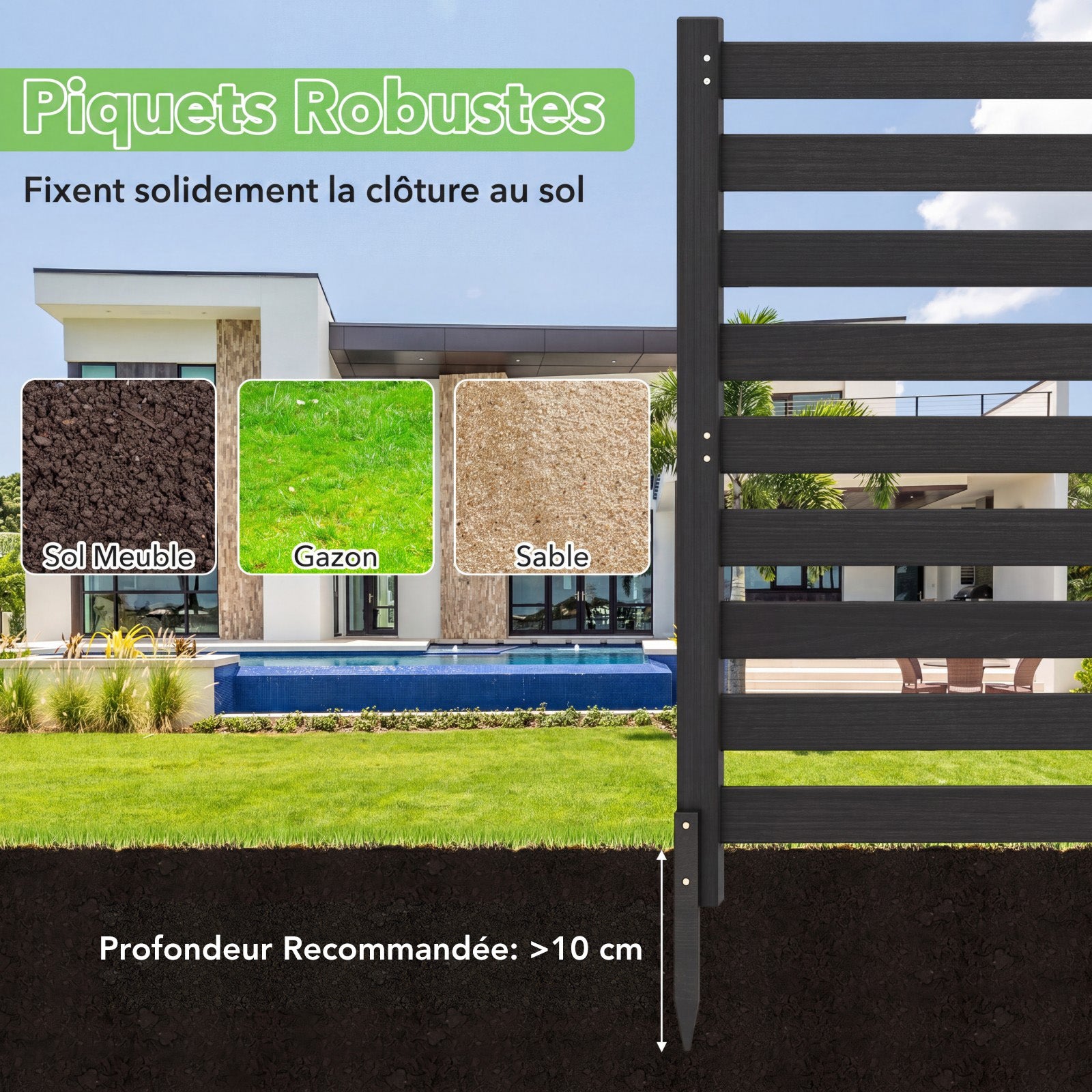 Clôture Jardin 2 Panneaux, Barriere Jardin à Lattes Modulable en Bois de Sapin avec Piquets, pour Poubelle, Climatiseur, 99x99x107CM, Noir - 4