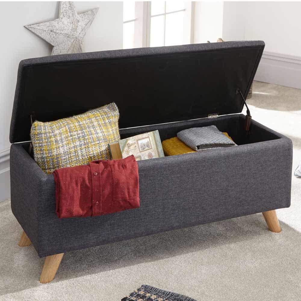 Cassapanca Pouf Contenitore Panca Sgabello Poggiapiedi in Tessuto Grigio Scuro - 2