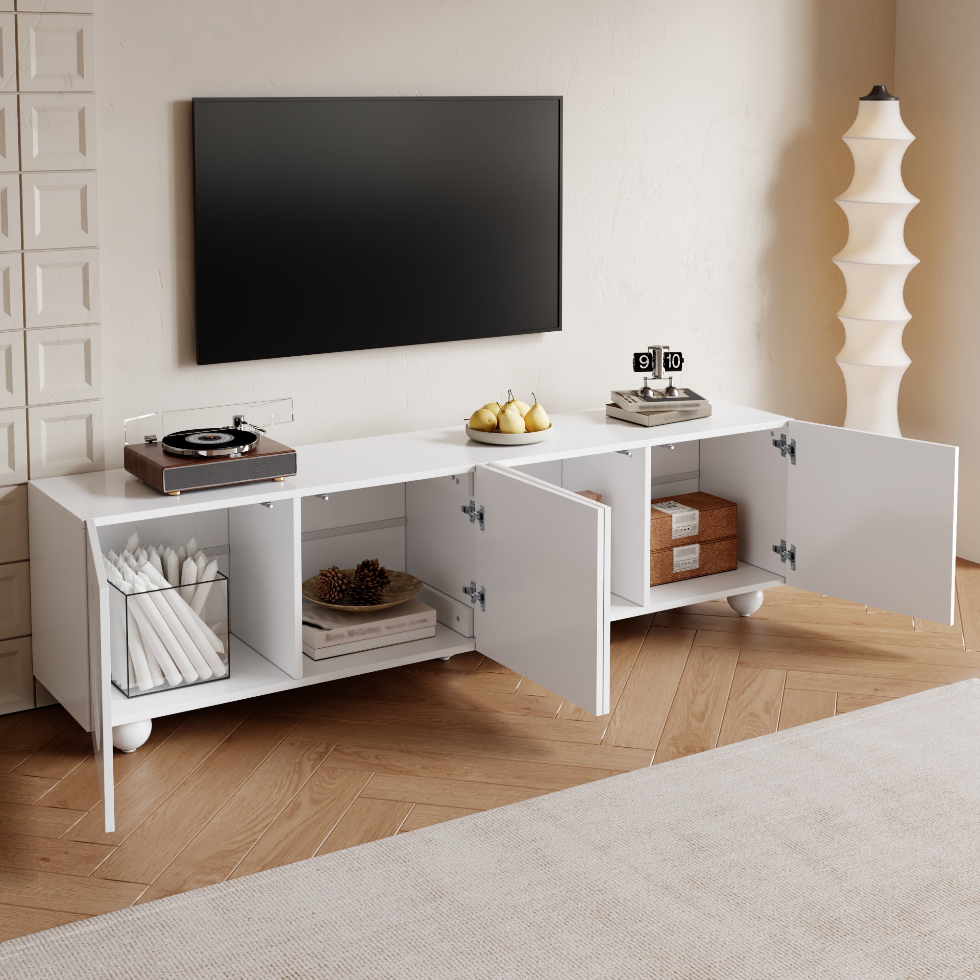 Nowoczesna szafka RTV z 4 drzwiami - 180,5 x 38 x 50 cm - Płyta wiórowa + MDF - Biała - 9