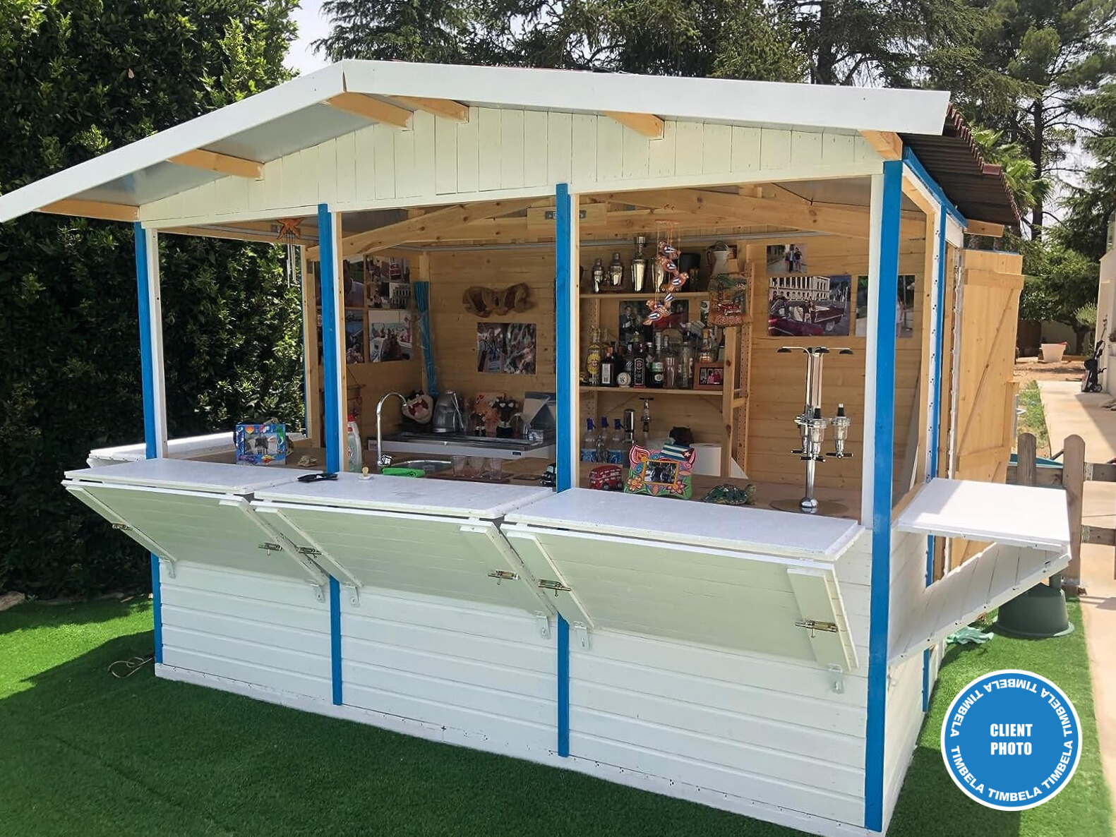 Casita de jardín de madera, Puesto de mercado de madera, Puesto de venta grande con mostrador, CINCO VENTANAS, H232x336x263 cm/6m2 - TIMBELA M150B - 6