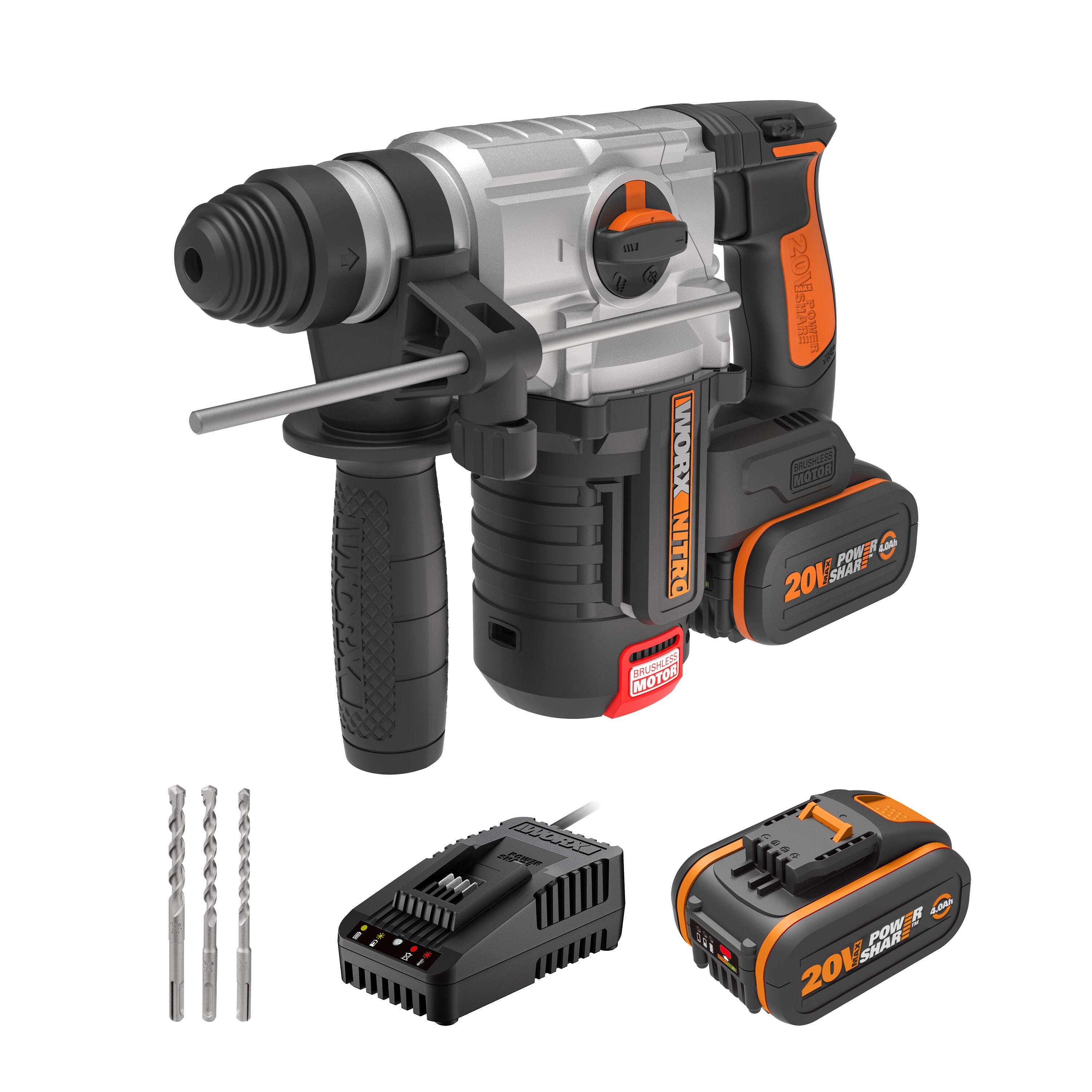 Młotowiertarka bezszczotkowa 20V 2,2J WORX - WX380 (2 akumulatory 4Ah i ładowarka)