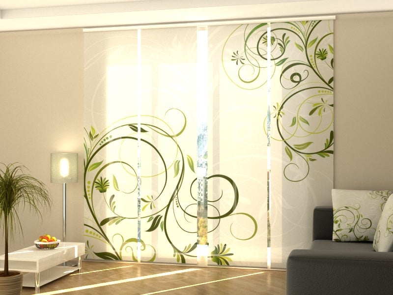 4 paneles japoneses wellmira con riel de 4 vías, 60x245 cm - abstracto floral verde