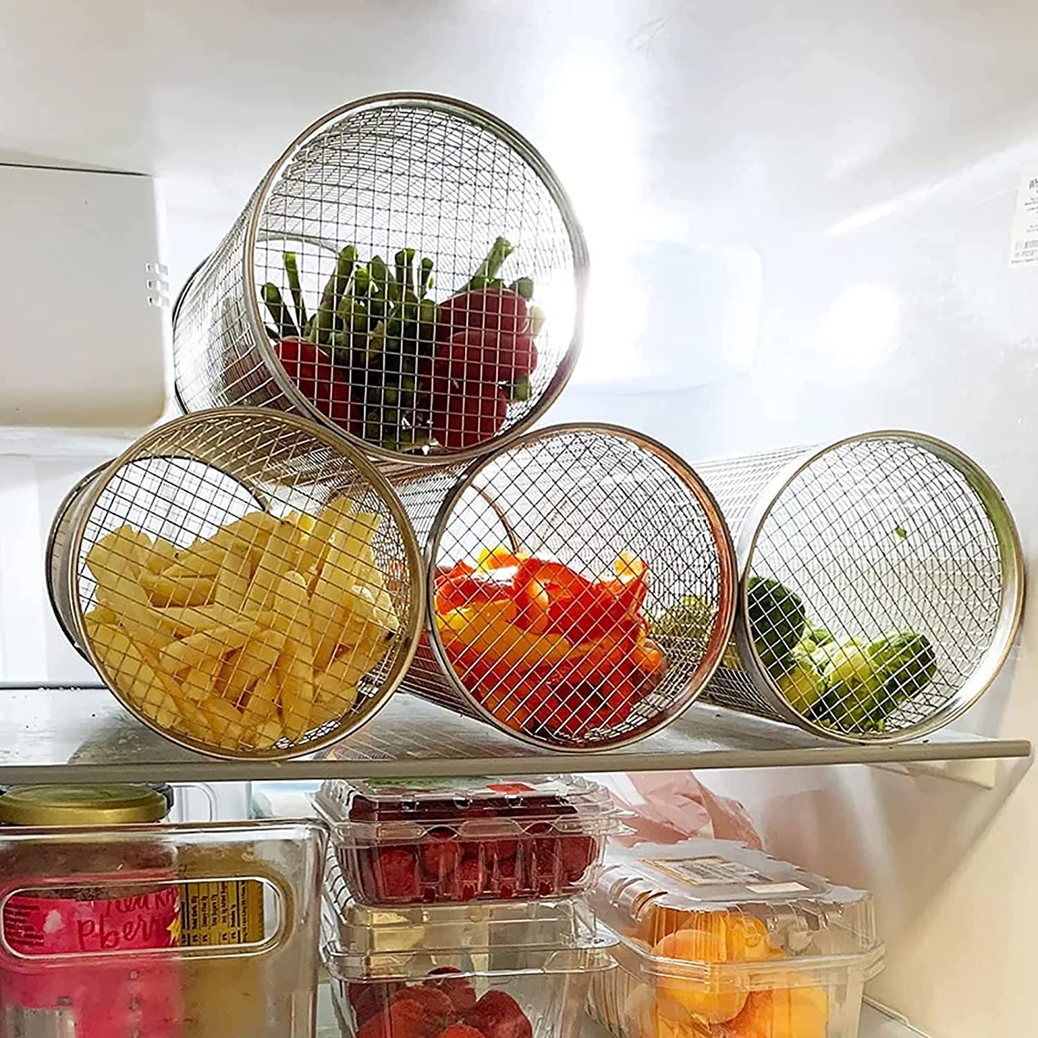 Panier à Griller Roulant - Grille de Barbecue en Acier Inoxydable pour Légumes, Poisson et Frites, Grille Ronde en Acier Inoxydable (L, Lot de 3) - 5