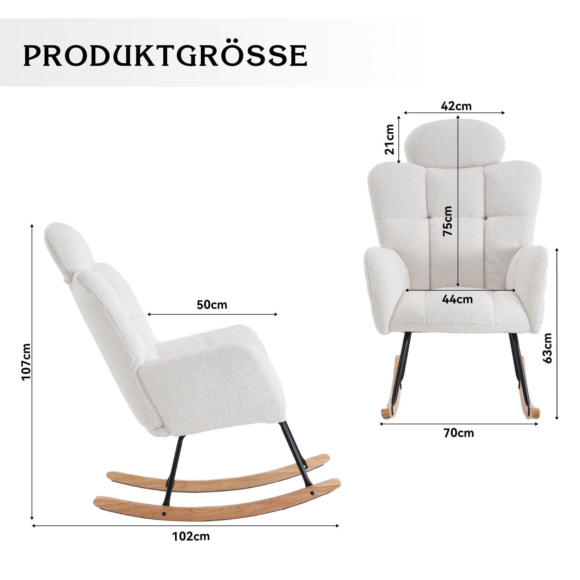 Chaise à bascule en tissu Teddy doux, matelassée, avec dossier en mousse, structure bois et base métallique noire, blanche, pour salon et chambre - 5