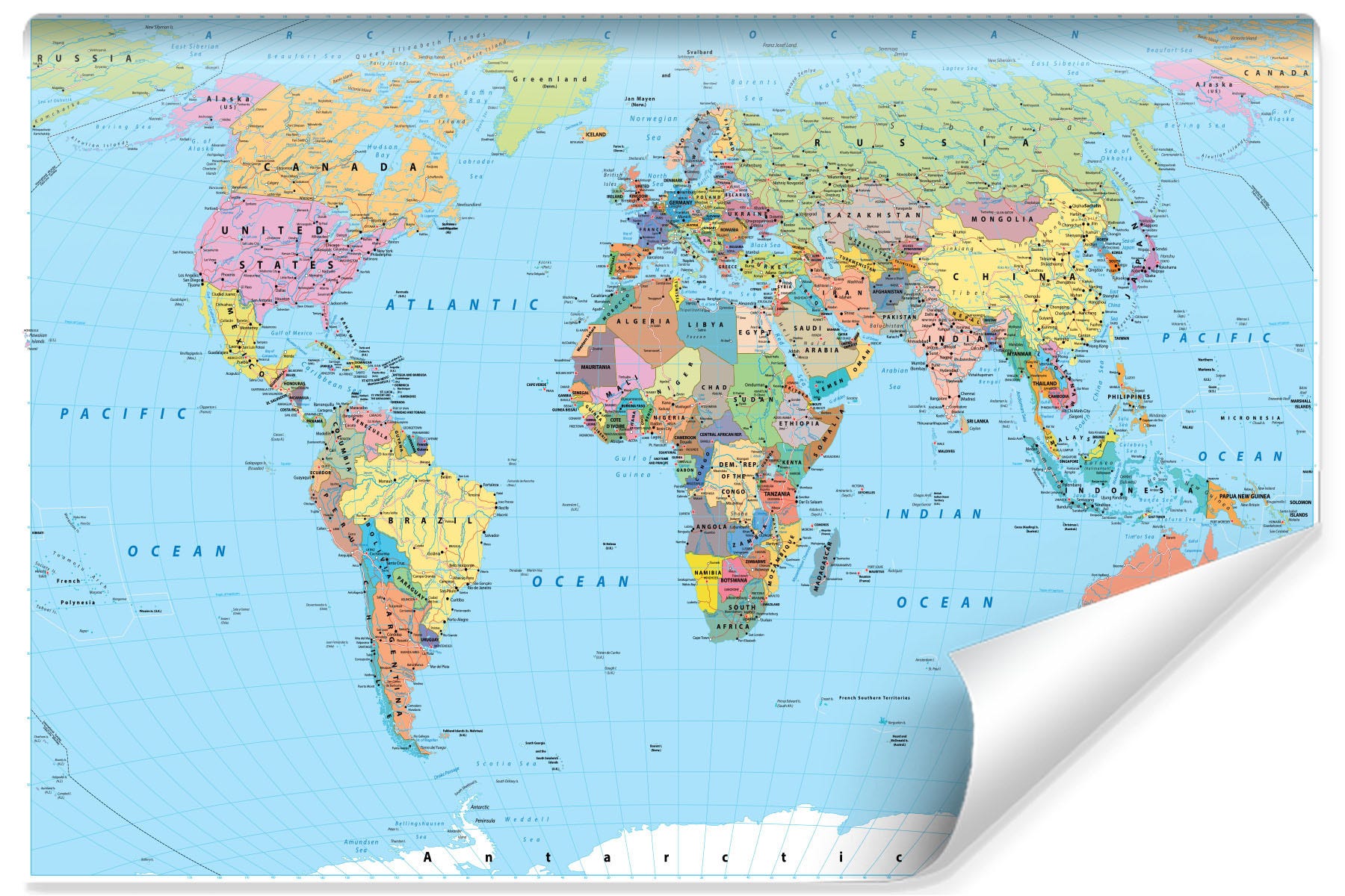 Papier Peint Photo Mural Carte Du Monde 300x210cm - Intissé Bordure Noire Salon Chambre