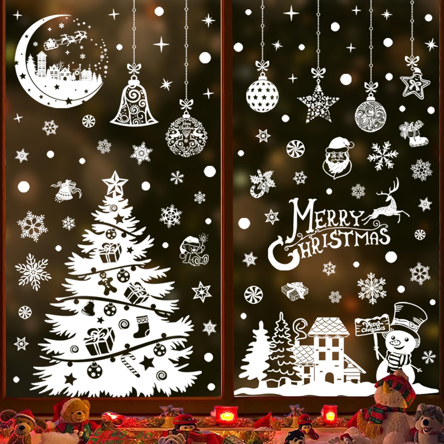 Stickers Fenêtre Noël électrostatiques - 202 Pièces Réutilisables, Sapin, Flocons, Père Noël