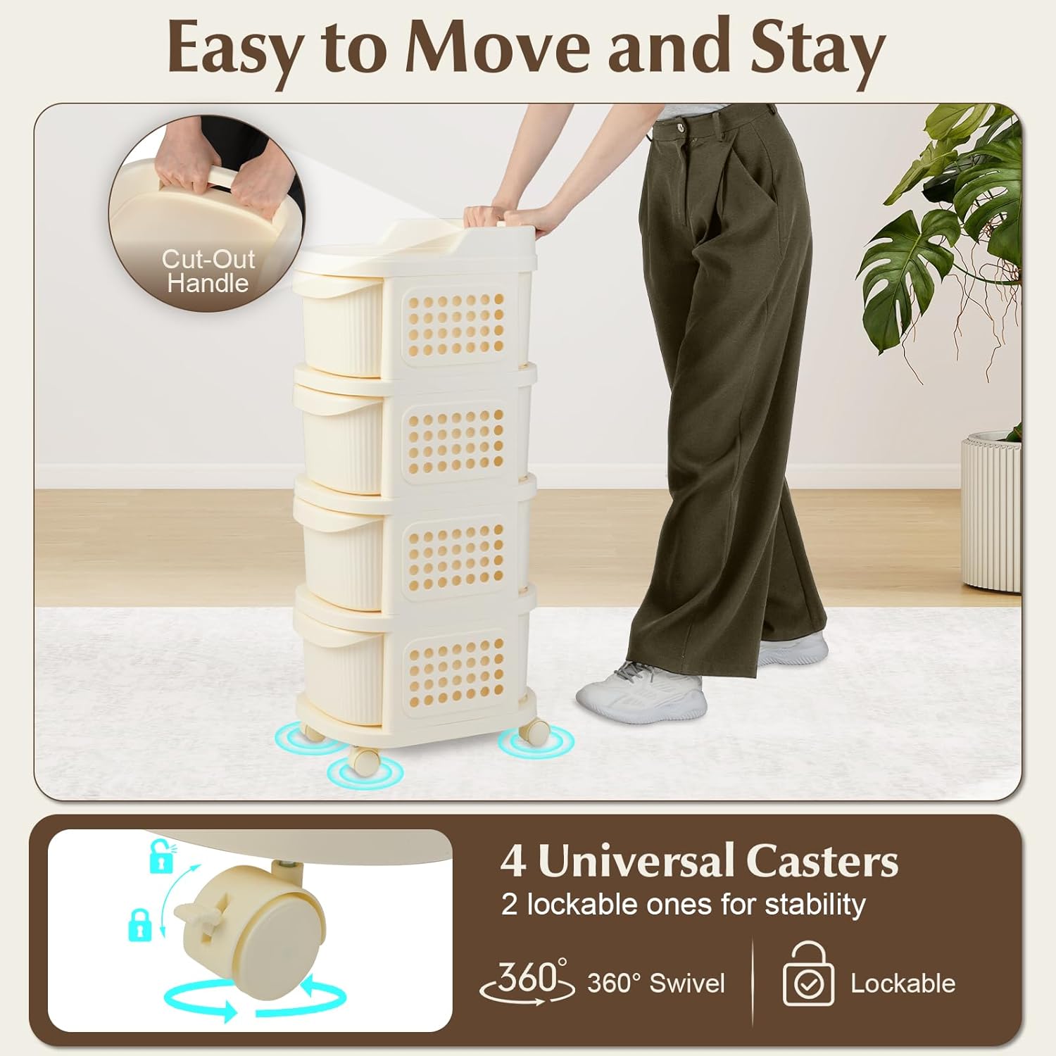 Carrello con 4 Cassetti, Contenitore in Plastica con Rotelle, 6 Ganci, Mobiletto Portaoggetti Mobile per Soggiorno, Cucina e Ufficio (BIANCO) - 6