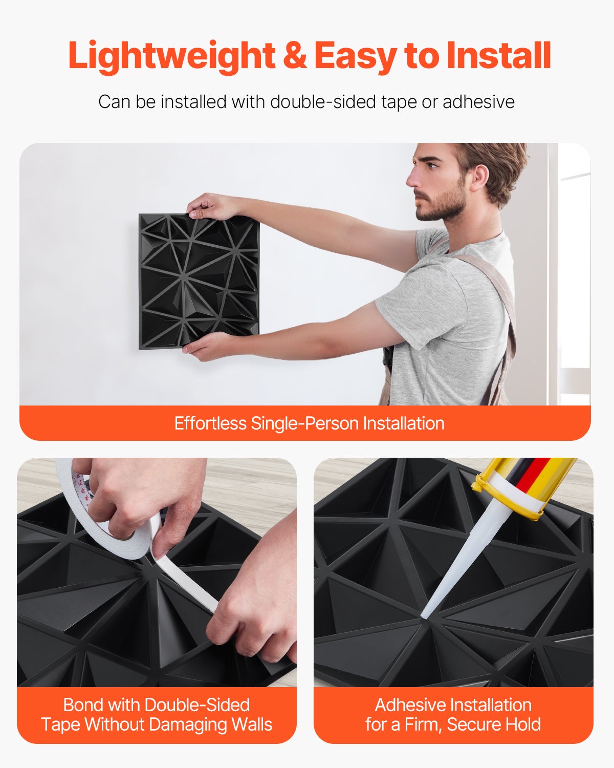 Panneaux muraux VEVOR 3D,33 carreaux diamant PVC 11,81 x 11,81 po,couverture 32 pi²,pour plafond,chambre,salon et salle de jeux,noir mat - 6
