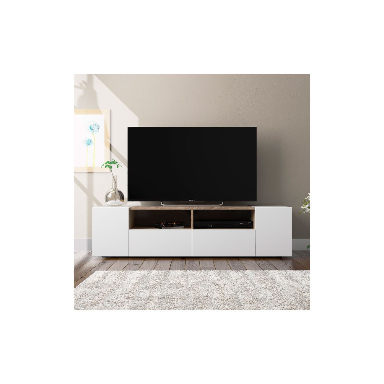 Meuble TV ALICE 4 portes et 2 niches de rangement L138cm - Blanc / Bois - 9