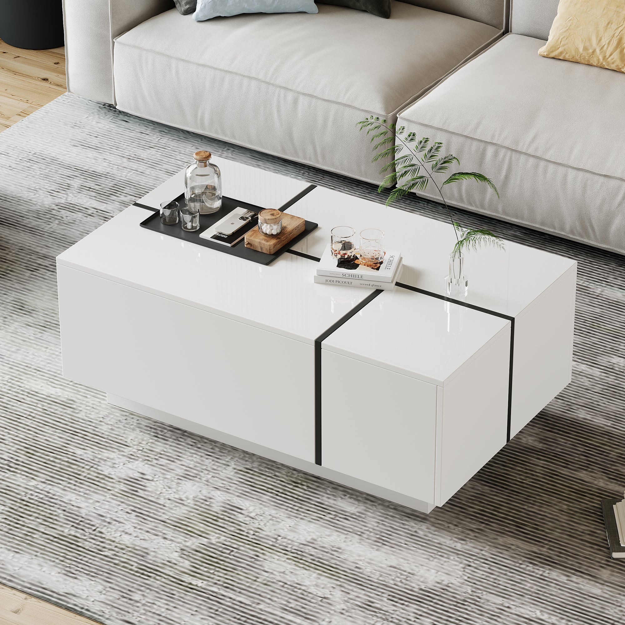 Table basse avec 4 tiroirs et 2 plateaux coulissantes - 100 x 60 x 40 cm - Panneau de particules - Blanc - 2