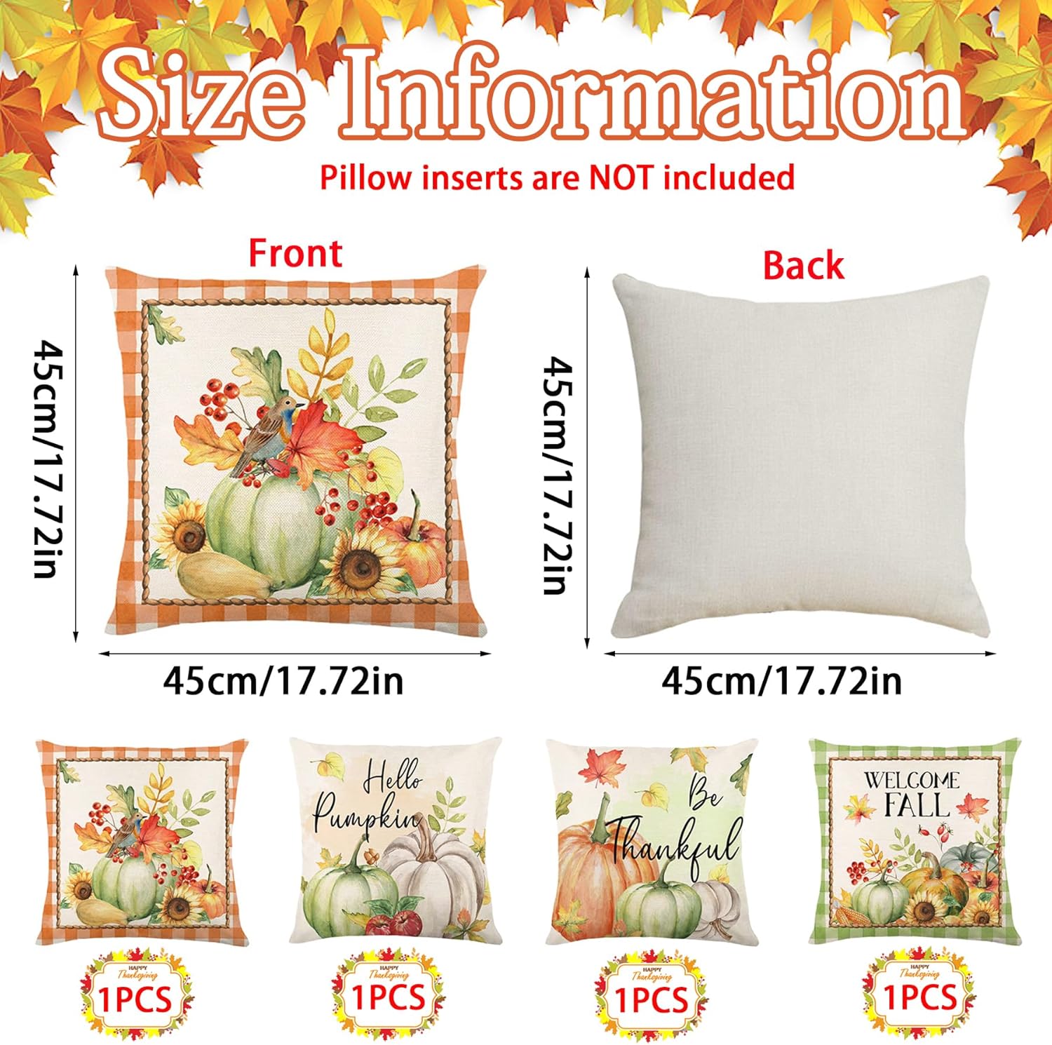Lot de 4 housses de coussin décoratives citrouilles 45 x 45 cm, pour Thanksgiving, pour canapé, salon, chambre, jardin, décoration d'intérieur - 2