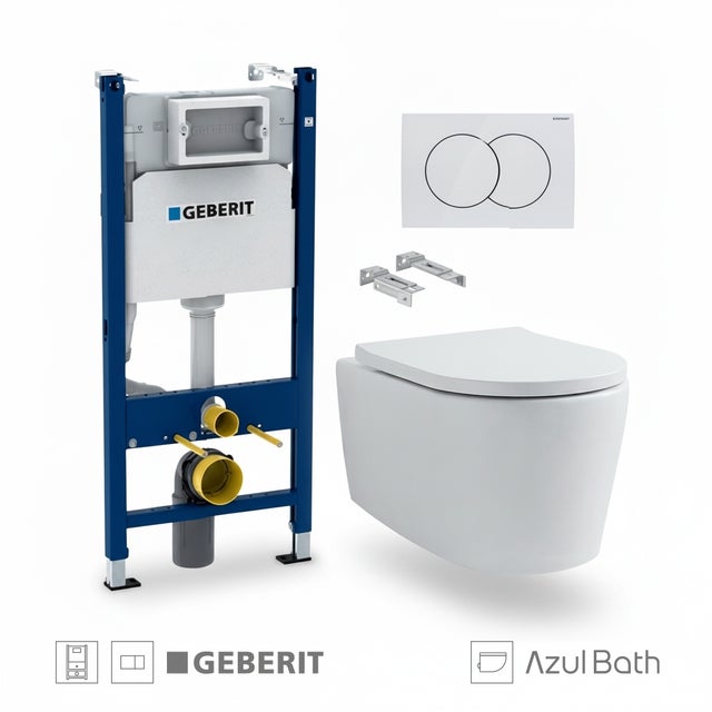 Pack GEBERIT Duofix avec bâti-support, réservoir encastré et plaque Delta 01 blanc brillant + WC suspendu Tornado LIA AzulBath