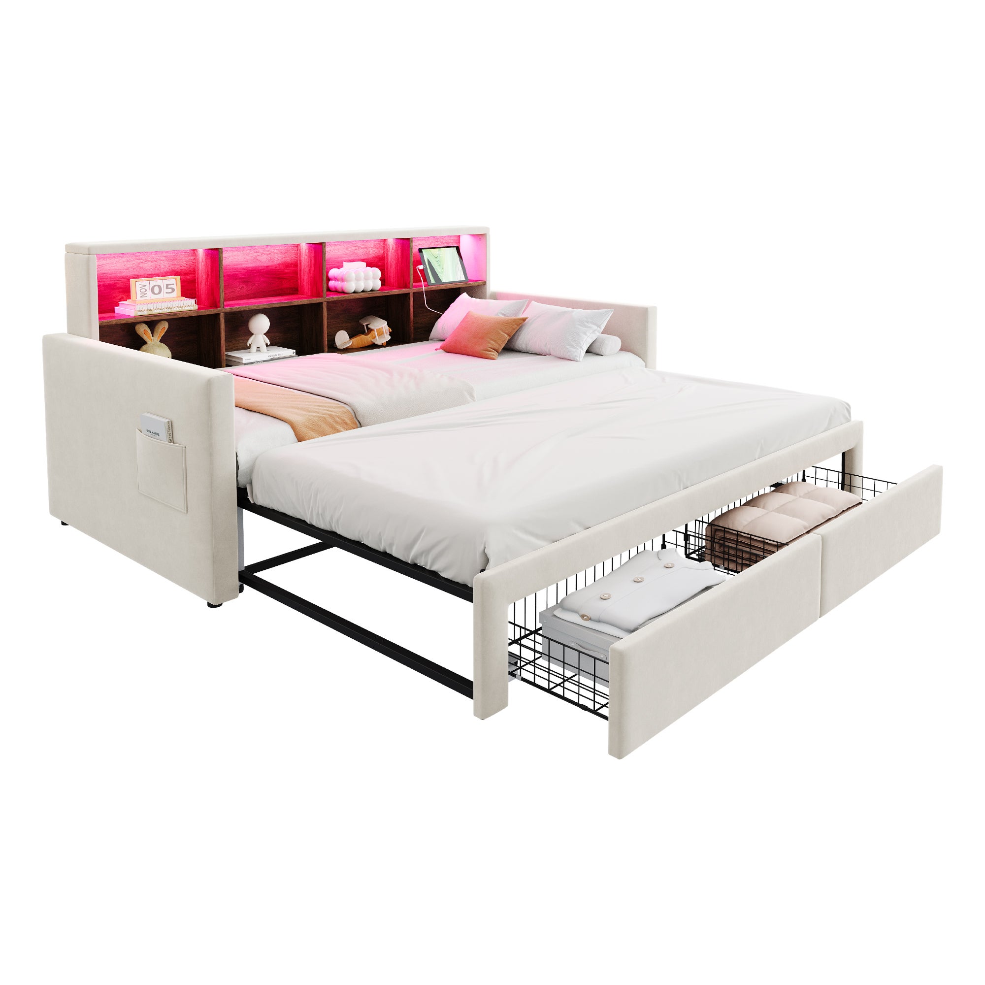 Rozkładana sofa z poduszkami 90x190 cm - Oświetlenie LED - z gniazdem ładowania - dwie szuflady - stelaż lamelowy - welur - beżowy - 6