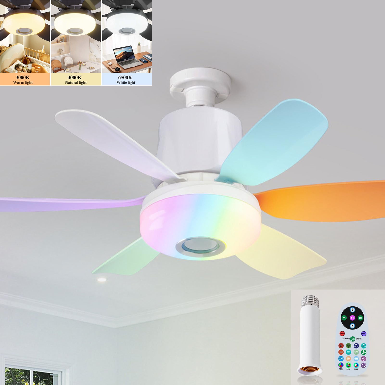 Wentylator sufitowy RGB z przedłużką i pilotem, trzy temperatury barwowe, trzy prędkości wiatru, timer, Bluetooth, podstawa E27
