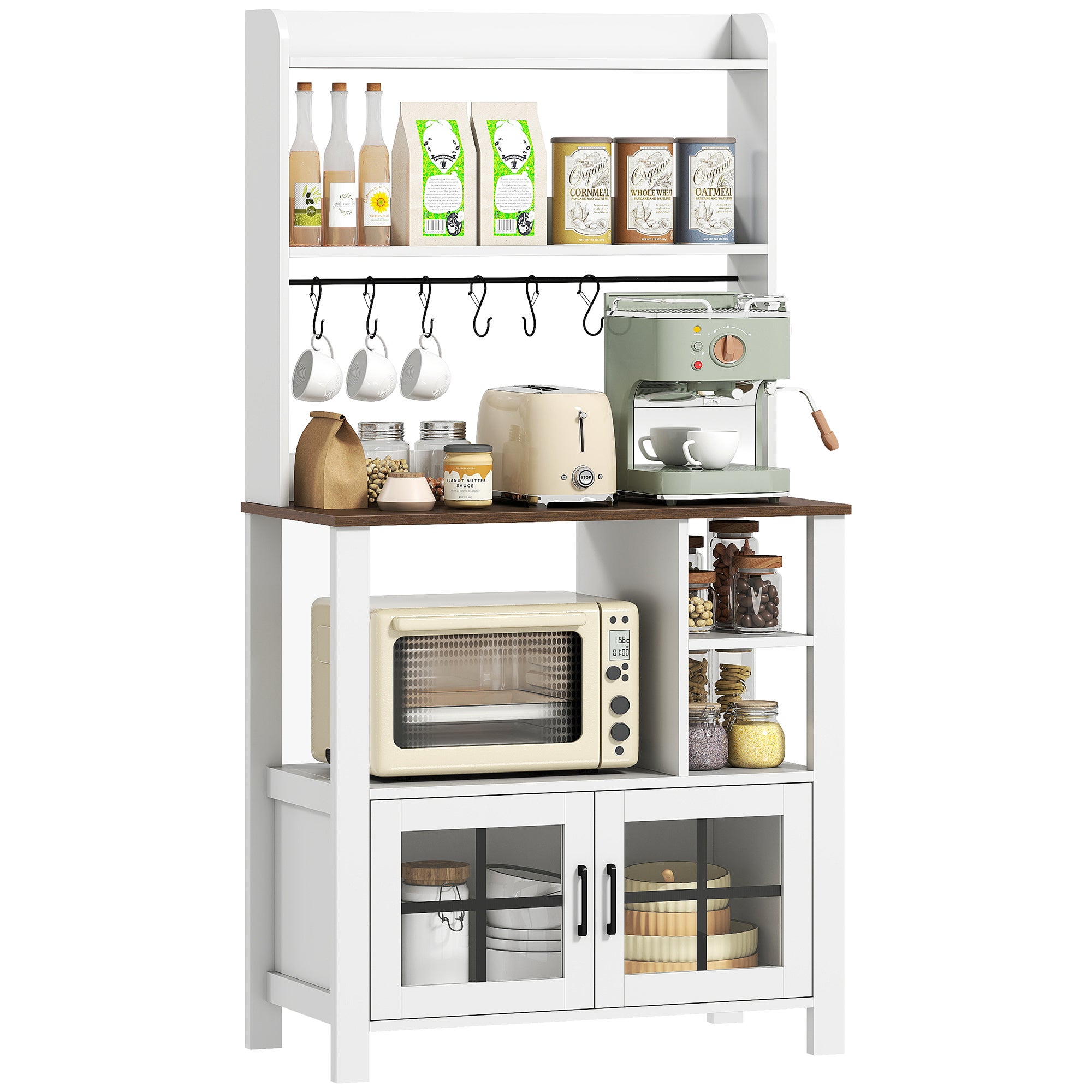 Juego de mesa y sillas infantiles, mueble de cocina con 6 ganchos para tazas, 2 puertas de cristal y estantes abiertos, 80x40x152 cm, blanco.