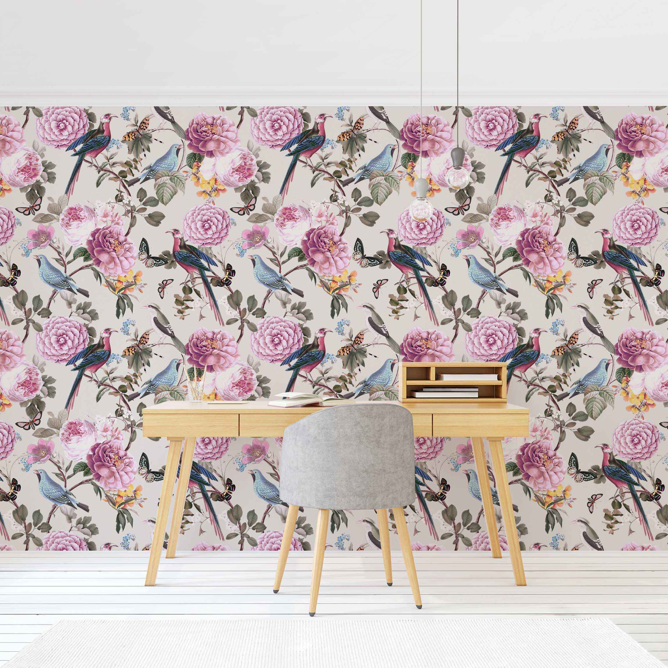 Papel pintado fotomural peonías tropical arte vintage animales 223 - salón dormitorio cocina pasillo - tnt 336 x 225 cm smart