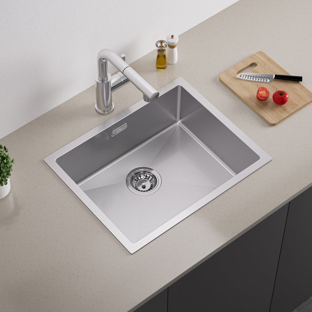 AuraLum Max Évier Cuisine 1 Bac 55*44*19CM Évier Montage à Encastrer,à Fleur/Sous-Plan &nbsp;Évier en Inox 304 Brossé avec Siphon /Trop-Plein,EU Modèle