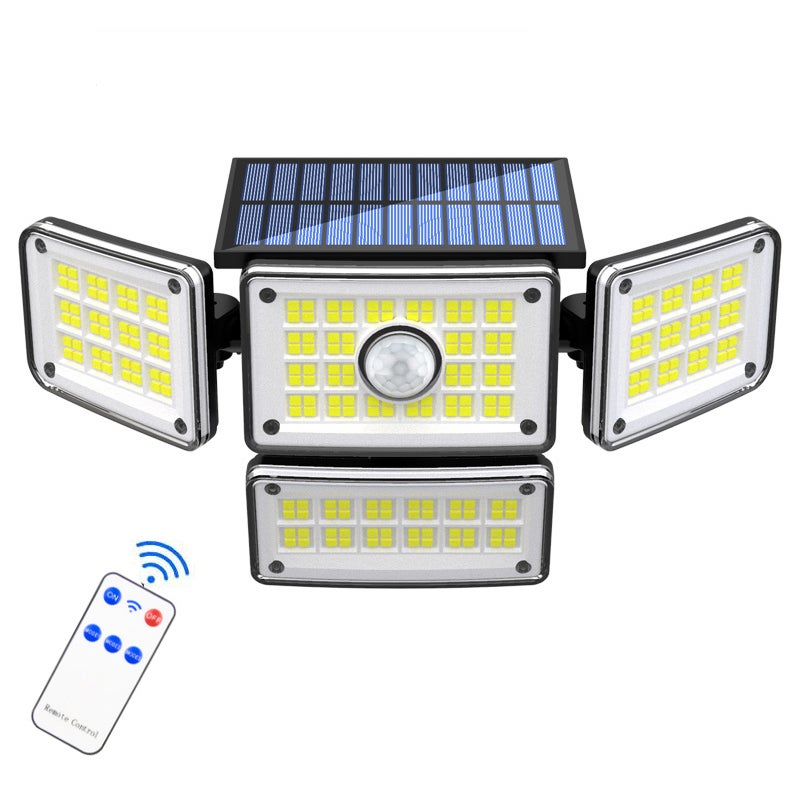 Zewnętrzne lampy solarne z 4 głowicami, 224 LED, 3000lm, z czujnikiem ruchu, wodoodporne IP65, z pilotem i 3 trybami