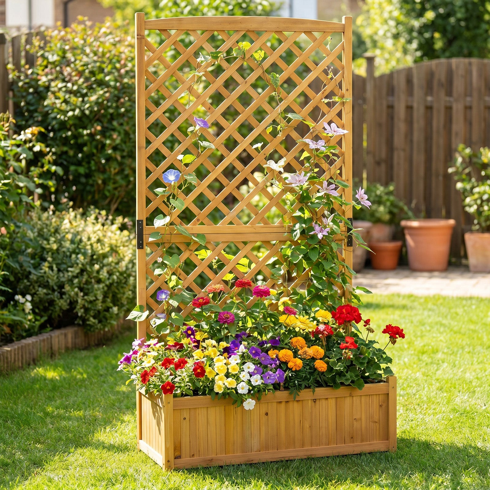 Jardinière avec Treillis en Bois de Sapin avec Trou de Drainage, Bac à Fleurs pour Plante Grimpante Vigne, 90 x 44,5 x 180 cm, Naturel - 2