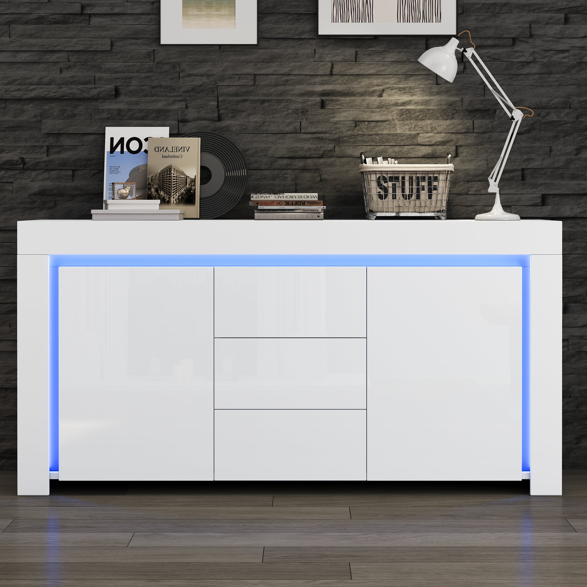 Komoda z 2 drzwiami i 3 szufladami - 140 x 40 x 65 cm - LED - MDF - do salonu lub sypialni - Błyszcząca biel