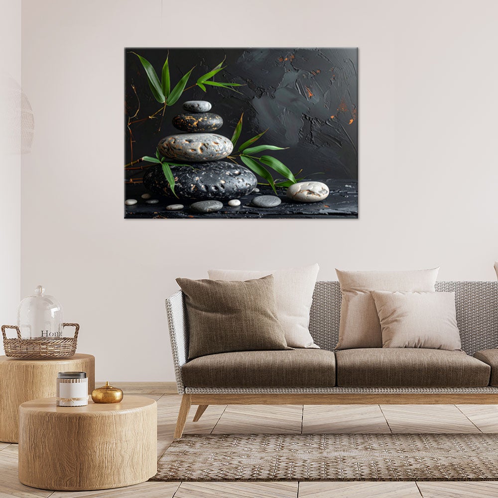 Obraz do salonu sypialni, Kamienie zen spa liście bambusa czarny 100x70 - 2