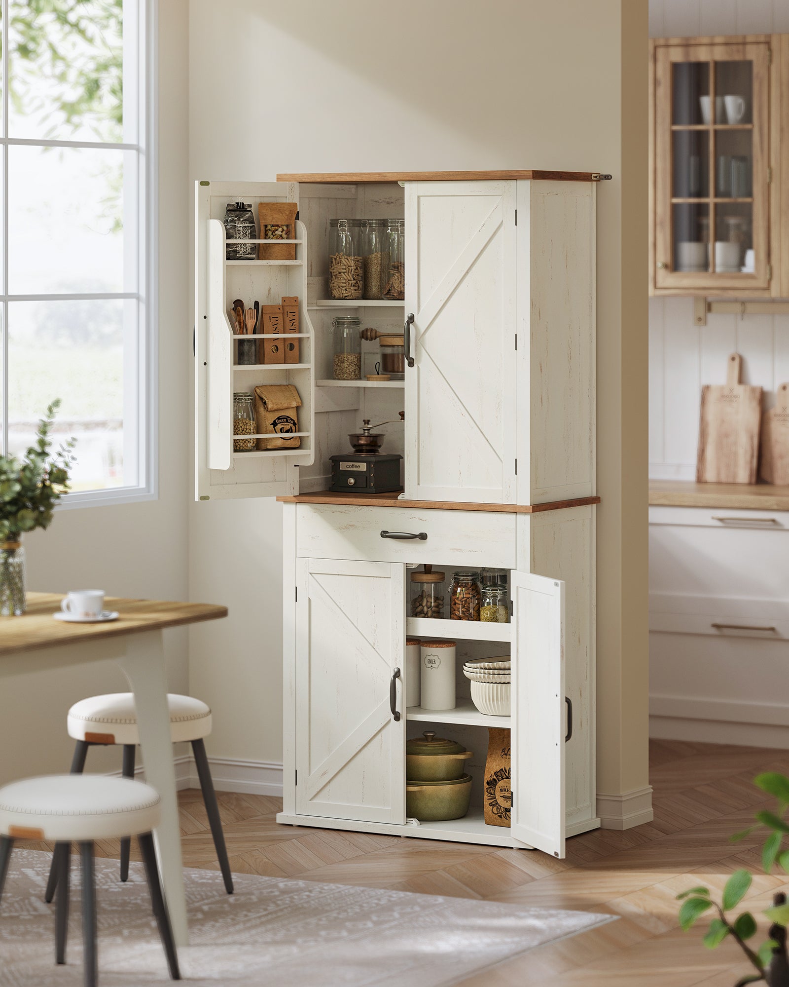 Armoire De Cuisine/salon Style Campagne Avec Portes En Rattan - 80x80x35 Cm - Étagères Réglables - Plan De Travail - Bois Massif Et Panneaux