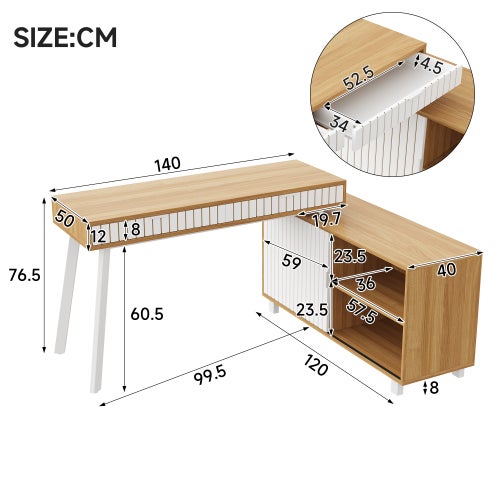 Bureau en L 140x120x76,5cm, style moderne, motif à rayures verticales, pieds en acier, deux tiroirs, grand espace de rangement - 6