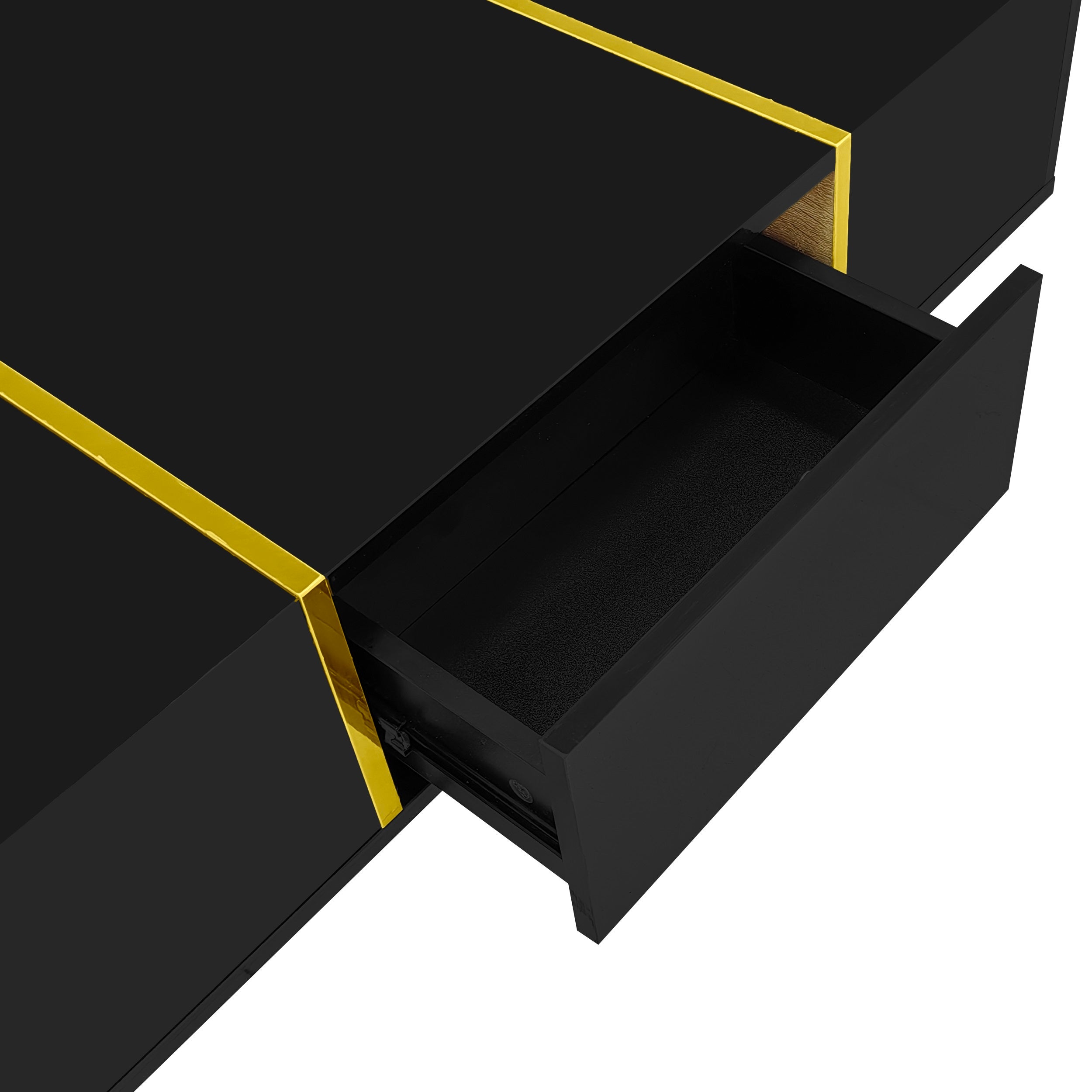 Tavolino da caffè 100×60×41,5 cm con 2 cassetti, piedi dorati, in MDF, nero e oro - 8