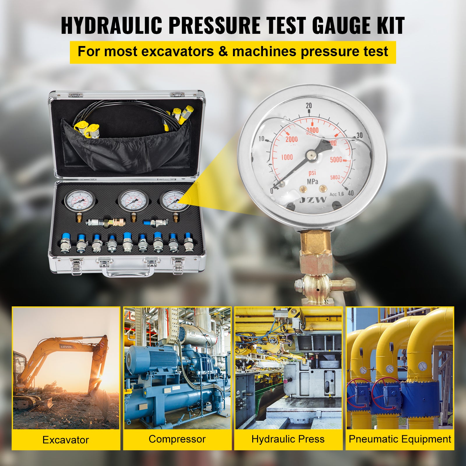 Kit Test Pression Hydraulique 400bar Kit Testeur Pression Hydraulique 0-400 BAR - Avec Manomètre Et Tuyau 1.5m | Raccord M16x2-BSP1/4 | Pour Diagnostics