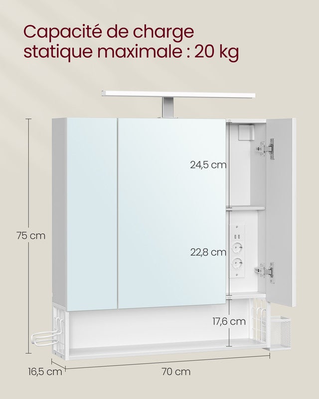 Meuble de Salle de Bain 3 Portes, Armoire Murale avec Miroir, Multiprise, Panier Suspendu, Support pour Sèche-Cheveux, Blanc Nuage - 5