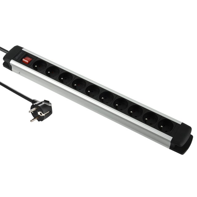 Electraline 35437 Alu-Line Bloc Multiprise 10 Prises avec Corps en Aluminium, Câbles 3G1,5mm, 2M, Noir