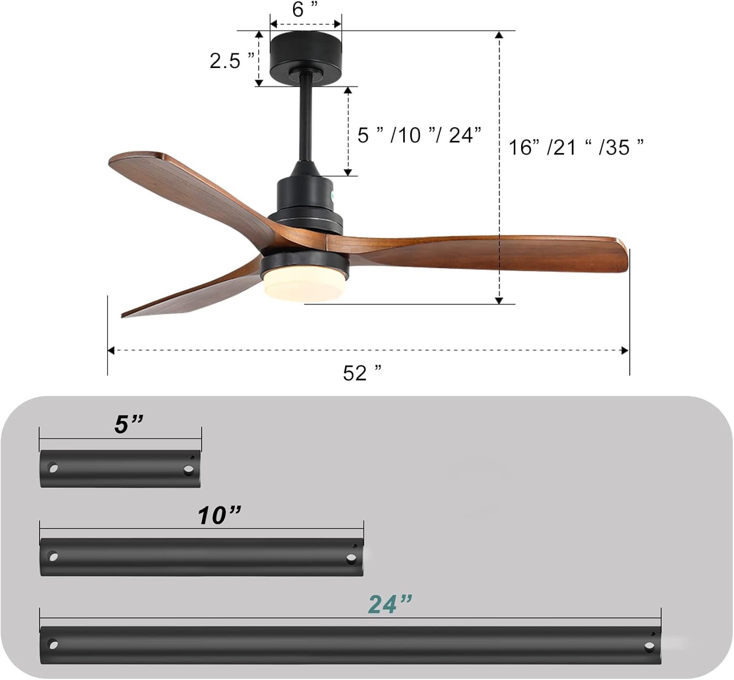 Ventilateur plafond 132 cm LED dimmable, 3 pales bois, moteur DC silencieux réversible, télécommande 6 vitesses - 9