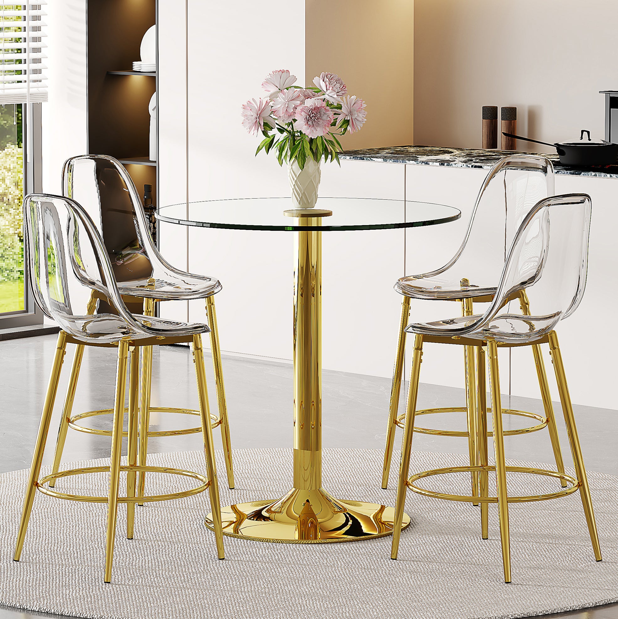 Ensemble table de bar et 4 tabourets transparents, plateau rond en ...