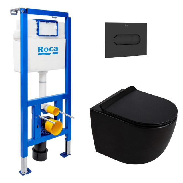 Pack WC con bastidor ROCA + Inodoro suspendido sin brida Ceramia PixL con asiento SoftClose + placa negra (ROCEPXBMT01-IN)