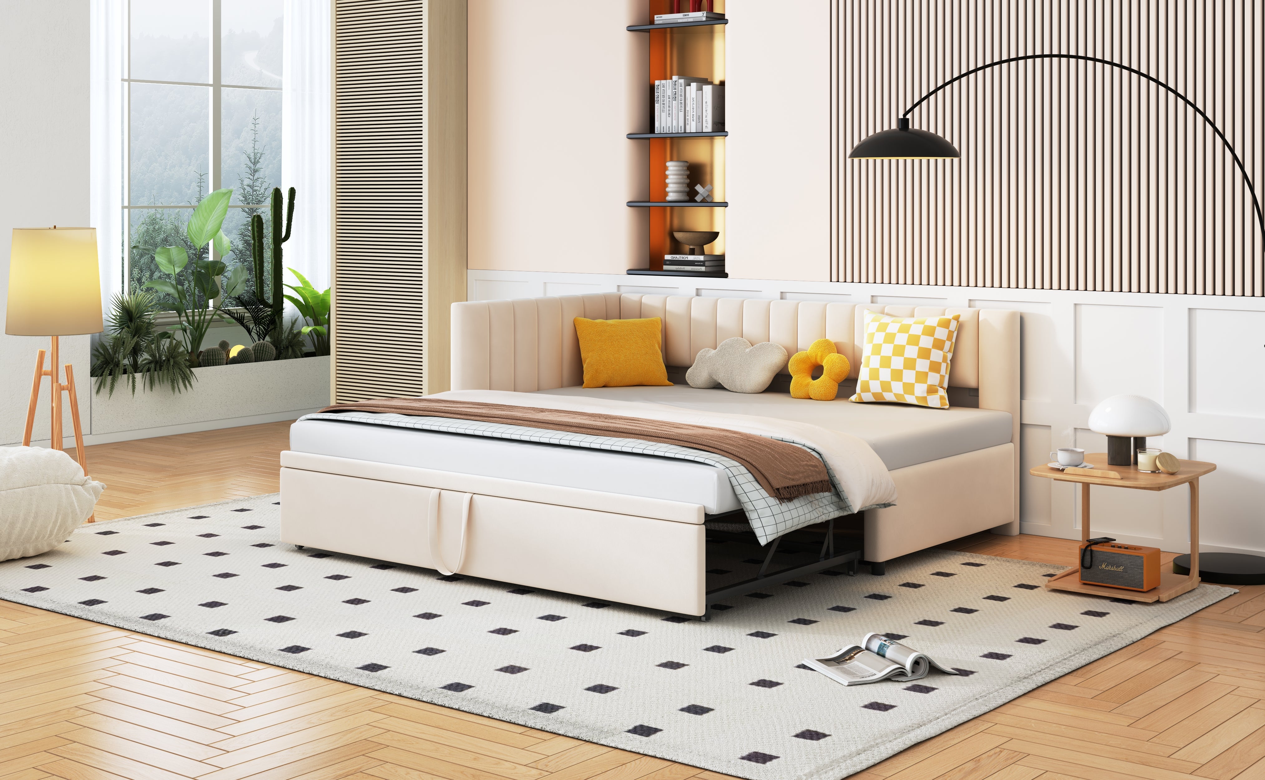 Lit gigogne 90/180 x 200 cm en forme de L, Canapé-lit - Velours - Sommier à lattes - Beige (sans matelas) - 9