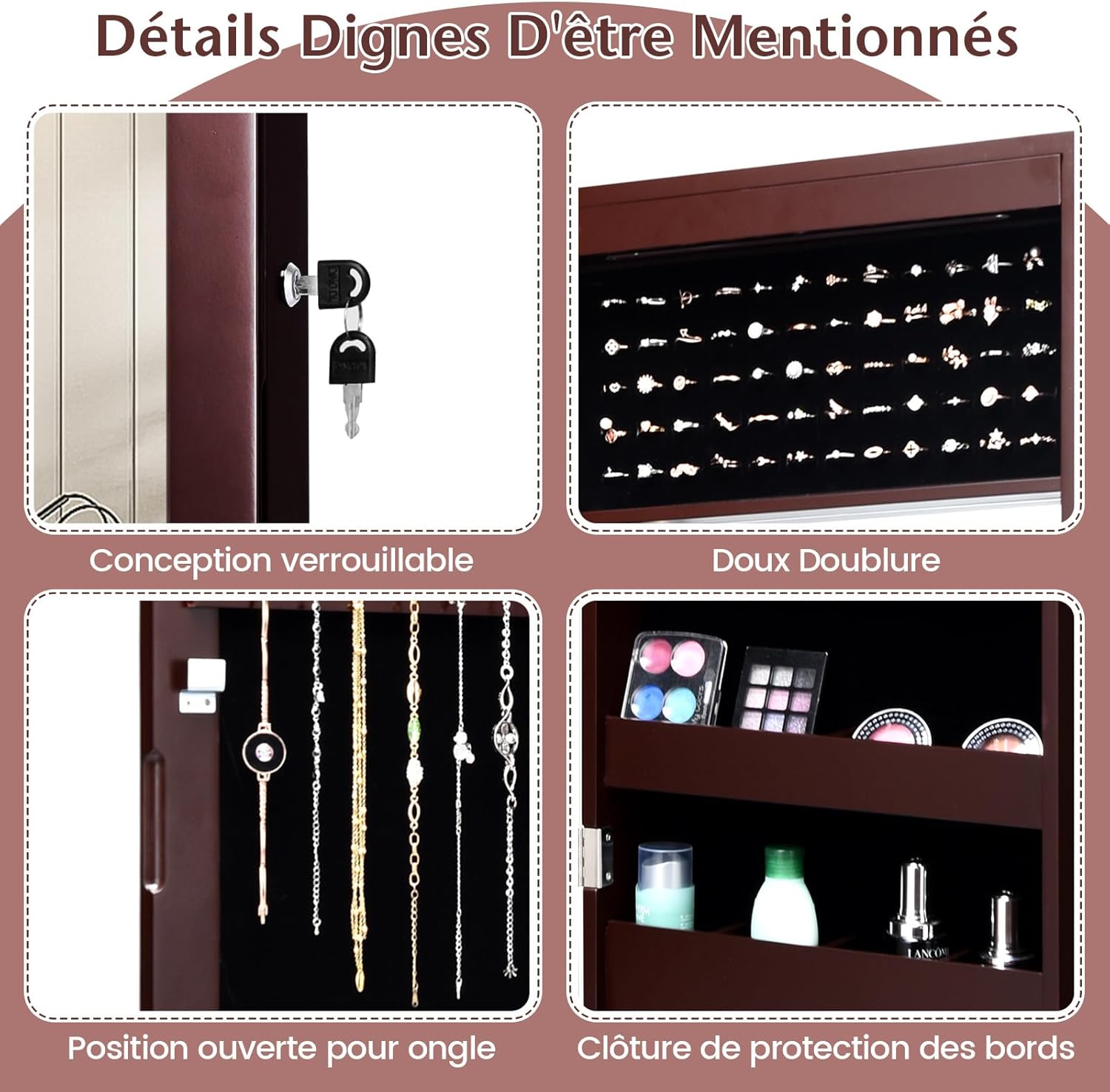 Armoire à Bijoux Murale avec Miroir Pleine Longueur,avec Lumières LED Automatiques Miroir Intégré,Serrure à Clé,Marron - 5