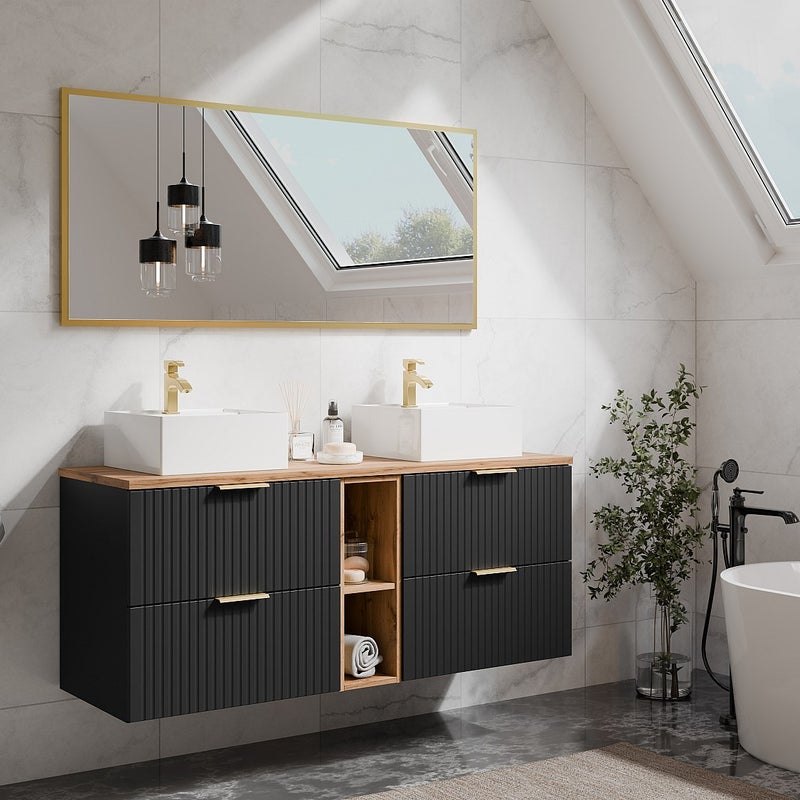 Szafka pod umywalkę wisząca ryflowana z wnękami - Czarny i naturalny jasny - szer. 140 cm - ZEVARA