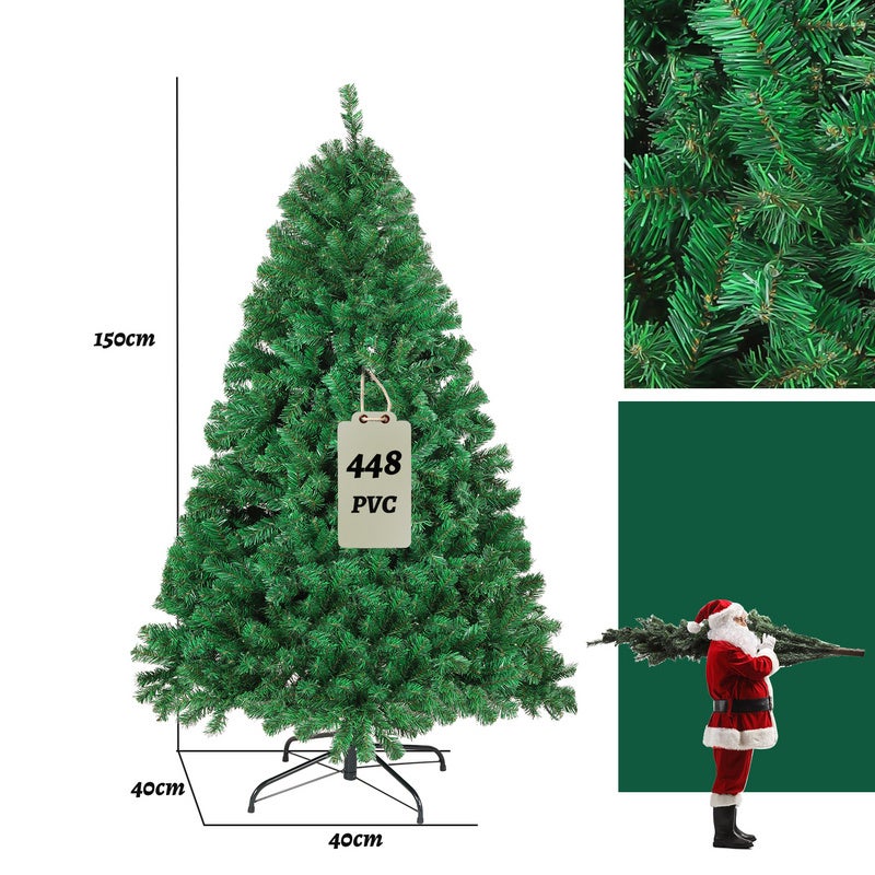Sapin De Noël Artificiel 150 Cm - 350 Branches PVC - Forme Mince (pencil) - Base Métallique Amovible - Vert - 3