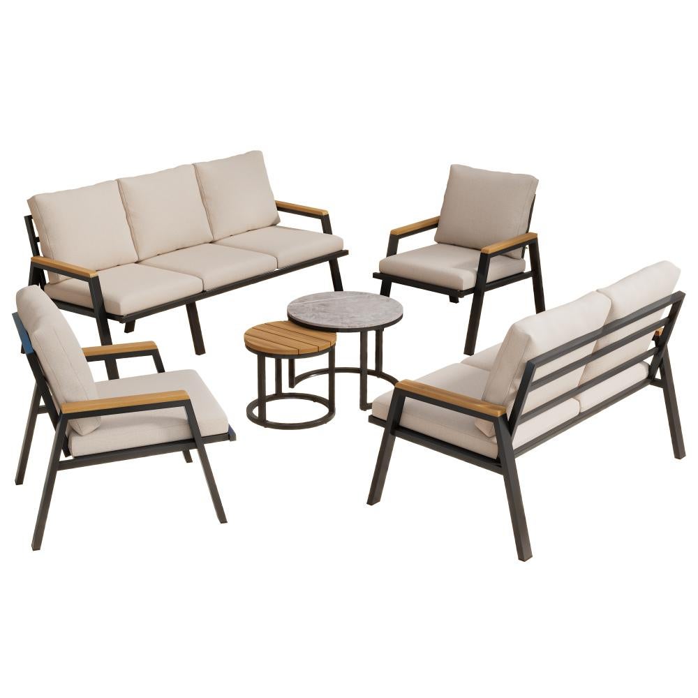 Set lounge de jardin 3+2 avec coussins confortables, 2 fauteuils, 2 tables, verre marbré et bois synthétique, acier galvanisé - 9