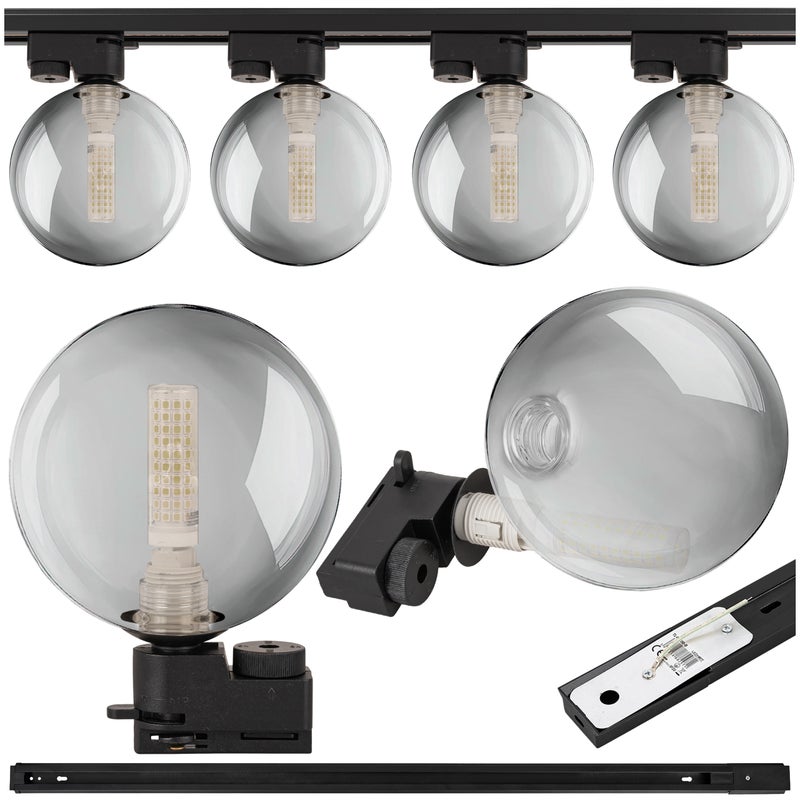 Lampa szynowa wisząca 4x KULA GRAFITOWA klosz dymiony G9 + szynoprzewód 1m Oprawa szklana szara OZDOBNA - LEDHOFF
