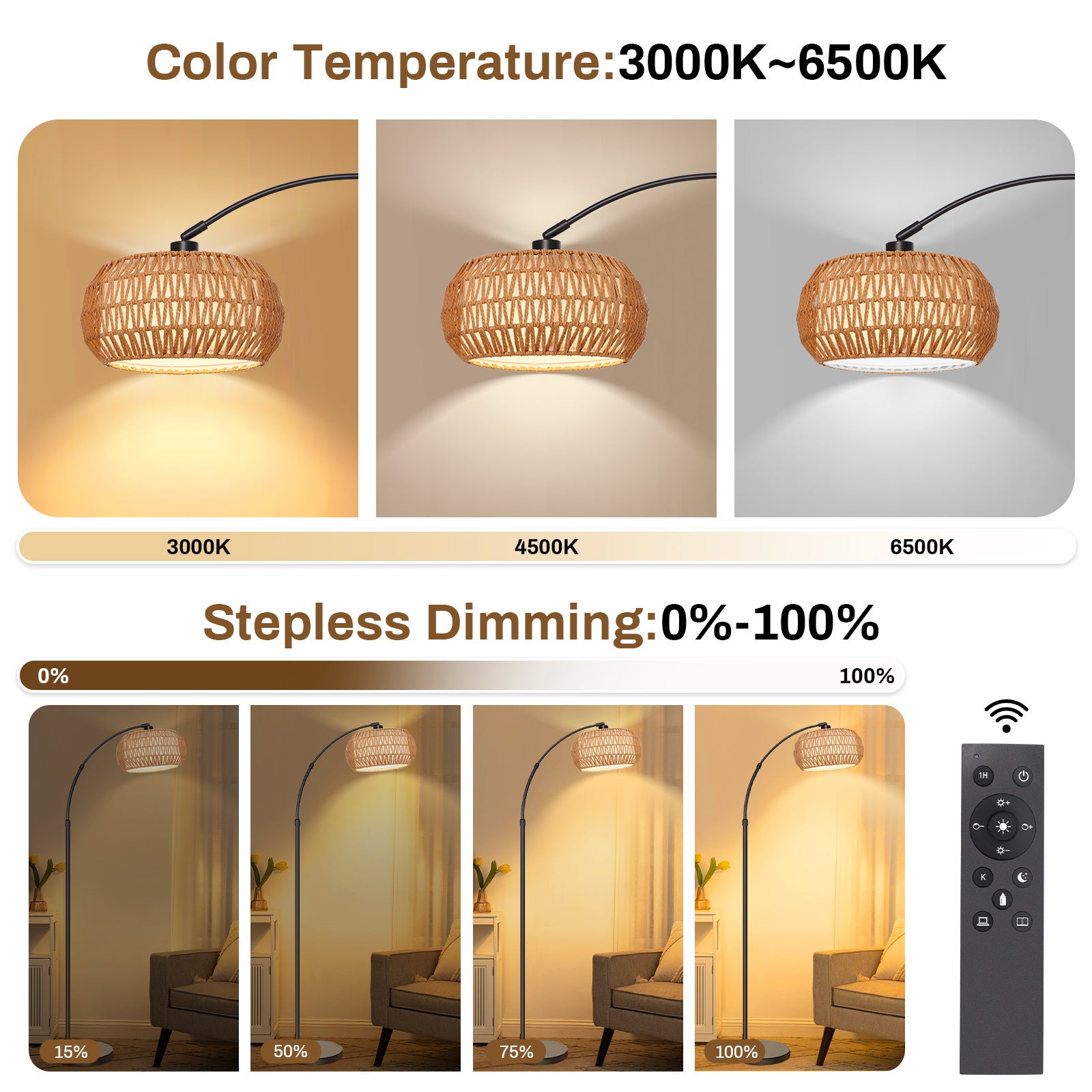 Lampadaire en rotin réglable avec télécommande – design boho, lampe de salon LED avec étagère, interrupteur au pied - 4
